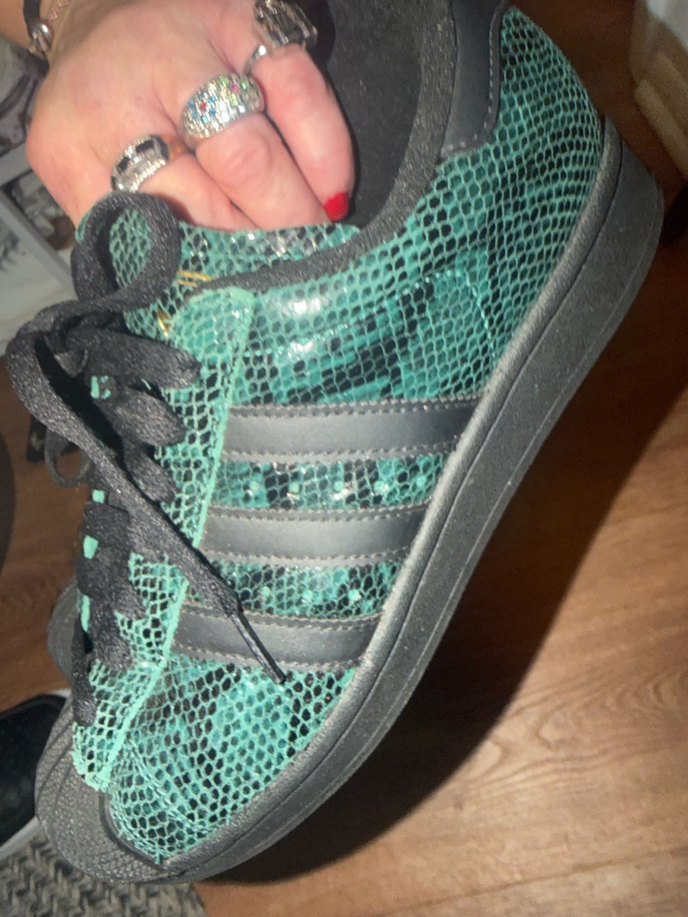 Adidas superstar II shell toe green Snake-Print Sneakers with Black Stripes